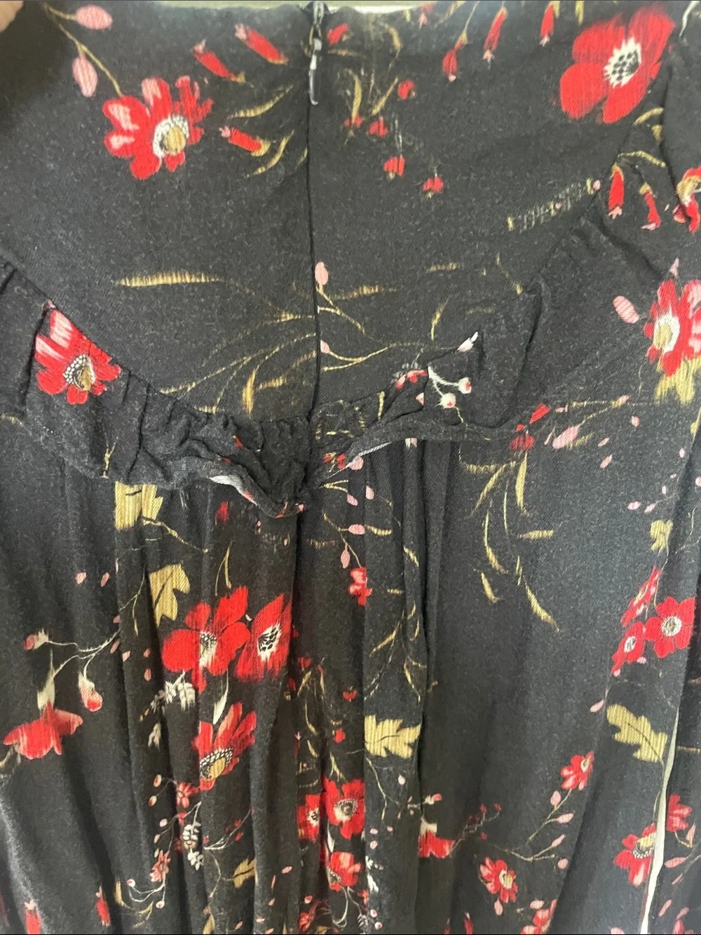 Zara Girls Black Floral Ruffle Midi Dress with Red and Olive Accents